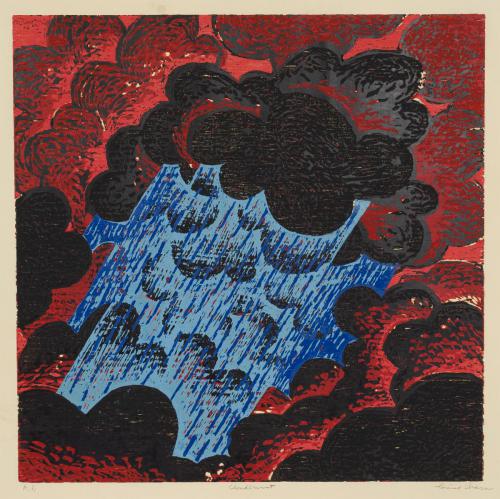 Louisa Chase (American, born Panama, 1951 - 2016)   Cloudburst, 1982, color woodcut, 31 3/8 x 30 3/4 in.   Leepa-Rattner Museum of Art, St. Petersburg College, gift of Jim and Martha Sweeny, 2017.73 Publisher: Diane Villani Editions, Printer: Chip Elwell 