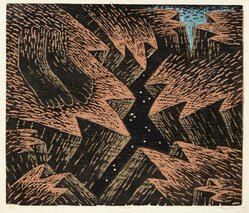 Louisa Chase (American, born Panama, 1951 - 2016)   Chasm, 1983, color woodcut on Japanese fiber paper, 26 x 30 in.    On loan from the Estate of Louisa Chase and Hirschl & Adler Modern, New York, TD2019.3.12   Publisher: Diane Villani Editions, Printer: Chip Elwell 