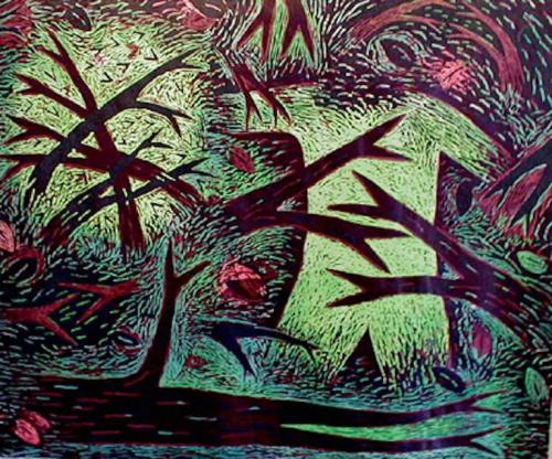 Louisa Chase (American, born Panama, 1951 - 2016)   Thicket, 1983, color woodcut with watercolor additions on paper, edition 22/25, 32 1/2 x 38 1/2 in.  On loan from the Orlando Museum of Art, TD2019.3.6 Publisher: Diane Villani Editions, Printer: Chip Elwell 