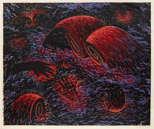 Louisa Chase (American, born Panama, 1951 - 2016)   Untitled (Red Sea), 1983, color woodcut with watercolor on Japanese fiber paper, 33 1/2 x 38 7/8 in., On loan from the Estate of Louisa Chase and Hirschl & Adler Modern, New York, TD2019.3.15 Publisher: Diane Villani Editions, Printer: Chip Elwell 