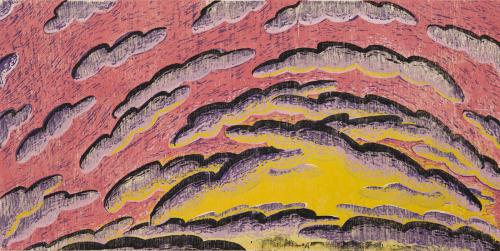Louisa Chase (American, born Panama, 1951 - 2016)   Dawn, 1982, color woodcut, 29 1/2 x 52 3/4 in.   On loan from the Museum of Fine Arts, St. Petersburg, Florida, gift of Jim and Martha Sweeny, 2010.012.004, TD2019.3.3  Publisher: Diane Villani Editions, Printer: Chip Elwell 
