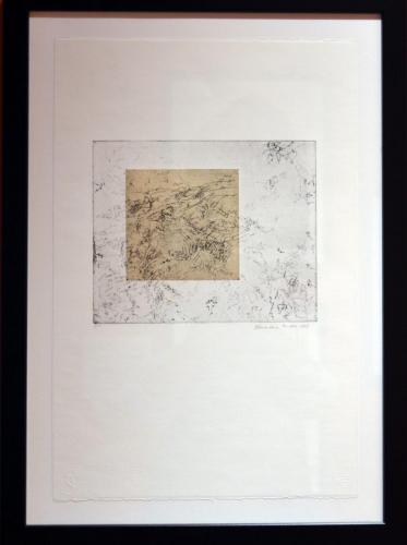 Howardena Pindell (American, b. 1943). Waterfall, Gibson River, 1998. Etching with Chine Colle, ed. 7/20, 8 3/4x103/4in. Gift of Jim and Martha Sweeny, 2017.16