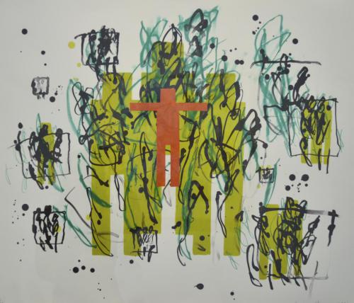 Louisa Chase (American, born Panama, 1951 - 2016)   Untitled (Figure in Landscape), 1991, color lithograph, 28 x 32 in.   On loan from the Museum of Fine Arts, St. Petersburg, Florida, gift of Jim and Martha Sweeny, 2015.018.004, TD2019.3.4 Publisher: Skowhegan School of Painting and Sculpture.  From the Skowhegan Suite, 1992, with artists Richard Bosman, Vija Celmins, Louisa Chase, Anish Kapoor, Robert Mangold, Joel Shapiro and John Walker. 