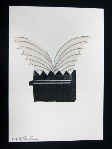 Esther Ferrer (Spanish, b. 1937) Dans le Cadre de L’Art (In the Framework of Art - Winged Piano), 1995. Silkscreen and collage,ed.7/8, 11 5/8 x 8 3/16in. Leepa-Rattner Museum of Art, St. Petersburg College, gift of Caroline Adams Byrd-Denjoy. 2011.18