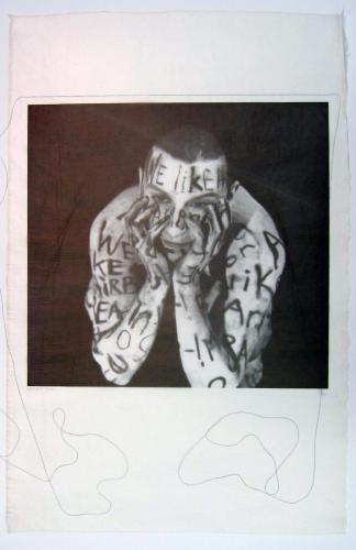 Lesley Dill (American, b. 1950) Gold Word Figure, 1998. One color photogravure with attached thread, 31 x 20in.Leepa-RattnerMuseum of Art, St. Petersburg College, 2011 Gala Purchase, 2012.5