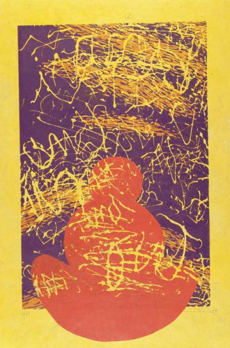 Louisa Chase (American, born Panama, 1951 - 2016)   Untitled I (Buddha), 2009, reduction linocut with hand cutting and chine collé, 30 x 19 1/2 in.    Leepa-Rattner Museum of Art, St. Petersburg College, purchased with funds provided by Jim and Martha Sweeny, 2019.6.10   Publisher: Goya-Girl Press, Baltimore, Maryland 